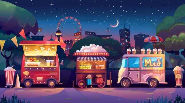 Cartoon illustration of popcorn, hot dogs, cotton candy, fresh juice, coffee and snacks vans selling takeaway meals outside. Catering service at night city park.