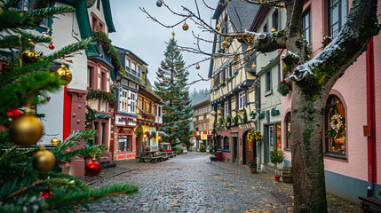 Christmas tree and traditional houses
