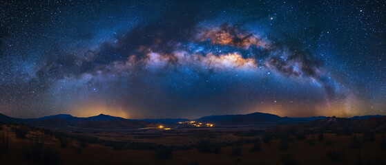 A mesmerizing panorama of the Milky Way galaxy unfolding above a serene desert mountain range at night.