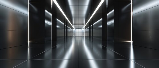 The interior background of a dark corridor features lighting and reflections. This is a 3D render.
