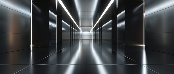 Obraz premium The interior background of a dark corridor features lighting and reflections. This is a 3D render.