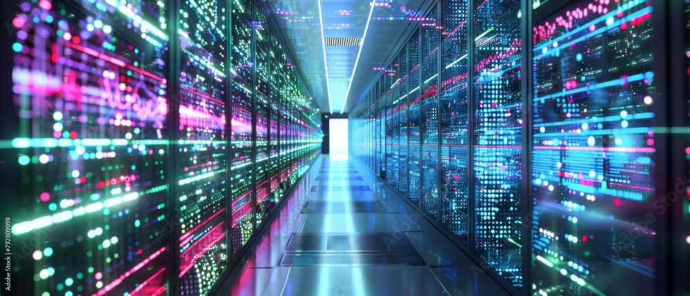 Poster in a working data center with rack servers and supercomputers, a long corridor is adorned with high-