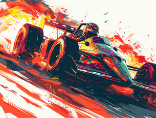 Obraz premium Race Car Driver Ignites Flames on High-Speed Track with Animated Illustration
