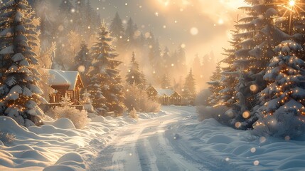 A snowy Merry Christmas background with a charming winter landscape, snow-covered trees, and a festive holiday village with twinkling lights. - obrazy, fototapety, plakaty