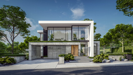 3d rendering of flat roof house with parking and pool for sale or rent with concrete facade and beautiful landscaping on background. Clear sunny summer day with blue sky.