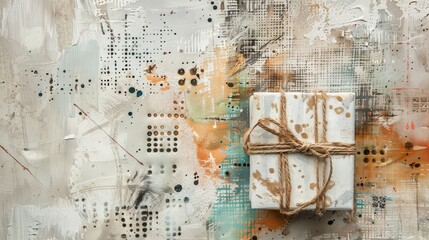 A background featuring a combination of textures and patterns. A simple wrapped gift with a natural twine ribbon complements the mixed media background