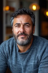 Fototapeta premium A man with a beard and grey sweater smiling at the camera, AI
