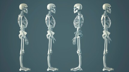 Modern illustration of a human skeleton in front, profile, and back. - obrazy, fototapety, plakaty