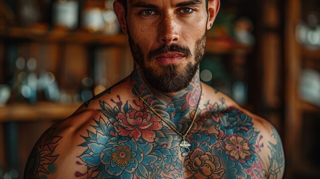 tattoo design covering a male chest and arm