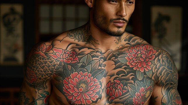 tattoo design covering a male chest and arm