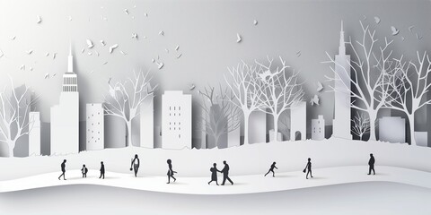 The paper art background, the everyday appearance of people in the park in the city center,lover, pet, kids, bike, family, minimalist landscape illustration.