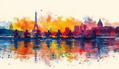 Generative ai illustration of a drawing for the Paris olympics rowing games France 2024