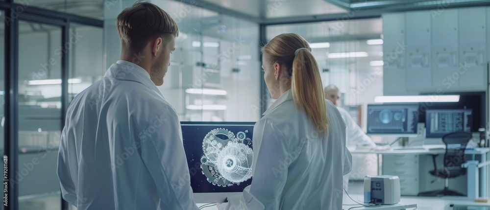 Poster a male and female engineer discuss mechanical gear details while using a modern computer with a tran