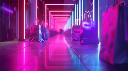 A neon hallway with bags and a neon sign