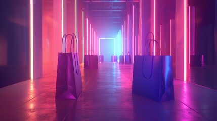 A neon lit room with bags and a neon sign - obrazy, fototapety, plakaty