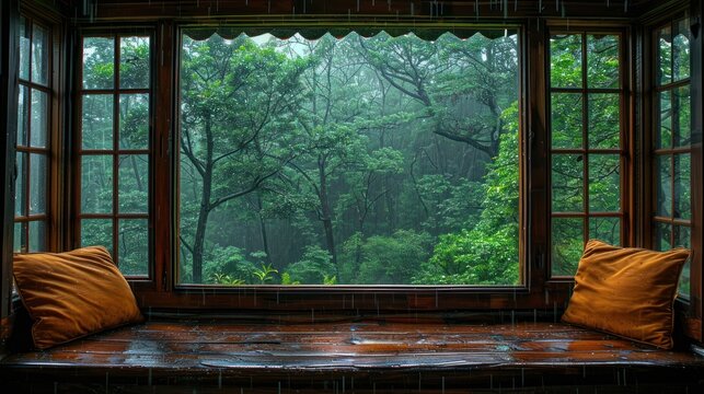 window overlooking forest in the rain