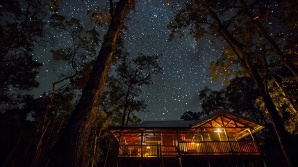 Glimpses of a starry sky through the canopy of trees inviting guests to relax and drift off to sleep. 2d flat cartoon.