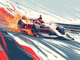 Race Car Driver Ignites Flames on High-Speed Track with Animated Illustration - obrazy, fototapety, plakaty