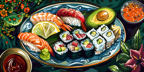 A plate of colorful sushi rolls with wasabi and ginger digital
