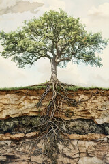 Oak tree and roots. Botany illustration.