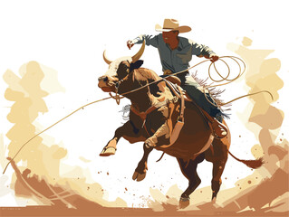 Animated Rodeo Arena: Cowboys Showcase Their Skills in Bull Riding, Barrel Racing, and Lasso Throwing - obrazy, fototapety, plakaty