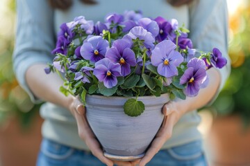 A woman is holding a blue vase with purple flowers in it