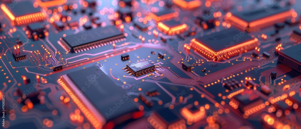 Poster this is a 3d render of a macro view of an electronic circuit board with microchips and processors. t