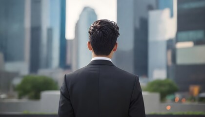 A young in a black suit standing in front of a modern city skyline - obrazy, fototapety, plakaty