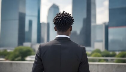 A young in a black suit standing in front of a modern city skyline - obrazy, fototapety, plakaty