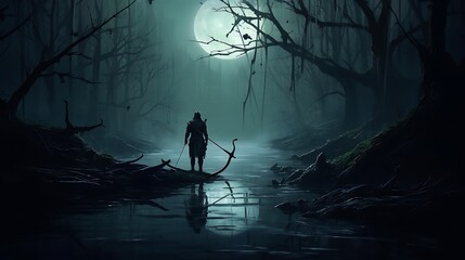 A solitary arrow, its flight path a testament to the archer's focus and unwavering determination, standing out against the murky depths of a moonlit swamp - obrazy, fototapety, plakaty