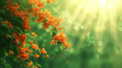 A bunch of orange flowers are in the sun. The sun is shining brightly on the flowers, making them look even more vibrant and beautiful. The scene is peaceful and serene - obrazy, fototapety, plakaty