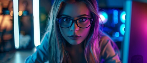 Beautiful Young Pro Gamer Girl Sitting in a Neon-Lit Room, Staring into the Camera, Looking at Her Computer. Attractive Geek Girl Player with Glasses in the Room.