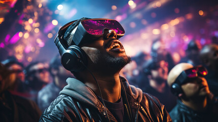 Virtual Concert Experience: Fans wearing VR headsets, attending a virtual concert, capturing the energy and excitement of live performances in a virtual space.