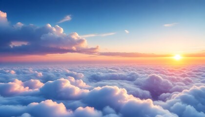 Colorful sunset sky with fluffy white clouds above the clouds, with a serene and peaceful atmosphere - obrazy, fototapety, plakaty