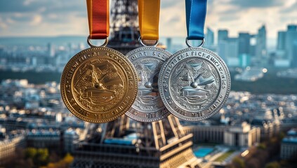 Victory in Paris: Olympic Medals Gleam Against Iconic Cityscape - obrazy, fototapety, plakaty