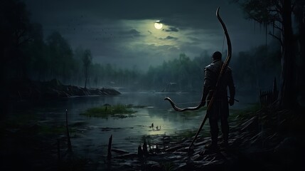 A solitary arrow, its flight path a testament to the archer's focus and unwavering determination, standing out against the murky depths of a moonlit swamp - obrazy, fototapety, plakaty