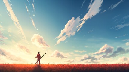 A solitary arrow, its flight path a testament to the archer's focus and unwavering determination, standing out against the vibrant hues of a summer sky - obrazy, fototapety, plakaty