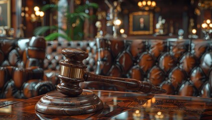  Majestic Courtroom Setting with Gavel and Gold Ornament - Legal Justice Concept - obrazy, fototapety, plakaty