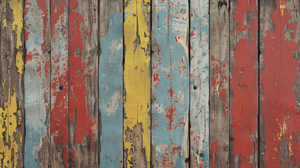 A wooden wall with a colorful, weathered appearance
