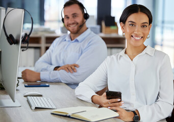 Call center team, portrait and happy woman with phone in office for support, help desk and customer...