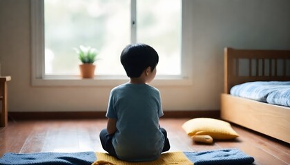 A young Asian boy with short black hair sitting on the floor in a cozy home environment looking out the window - obrazy, fototapety, plakaty