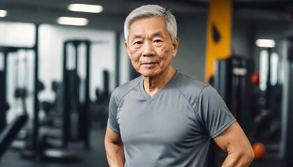 An man with short gray hair wearing a gray athletic shirt in a gym setting - obrazy, fototapety, plakaty