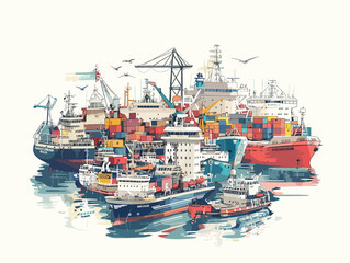 Animated American Trade and Industry Portbustling harbor teems with cargo ships and fishing boats a vital hub for American trade and industry.