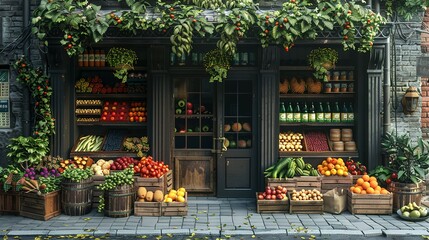 Grocery store shop in vintage style with fruit and vegetables crates on the street - obrazy, fototapety, plakaty