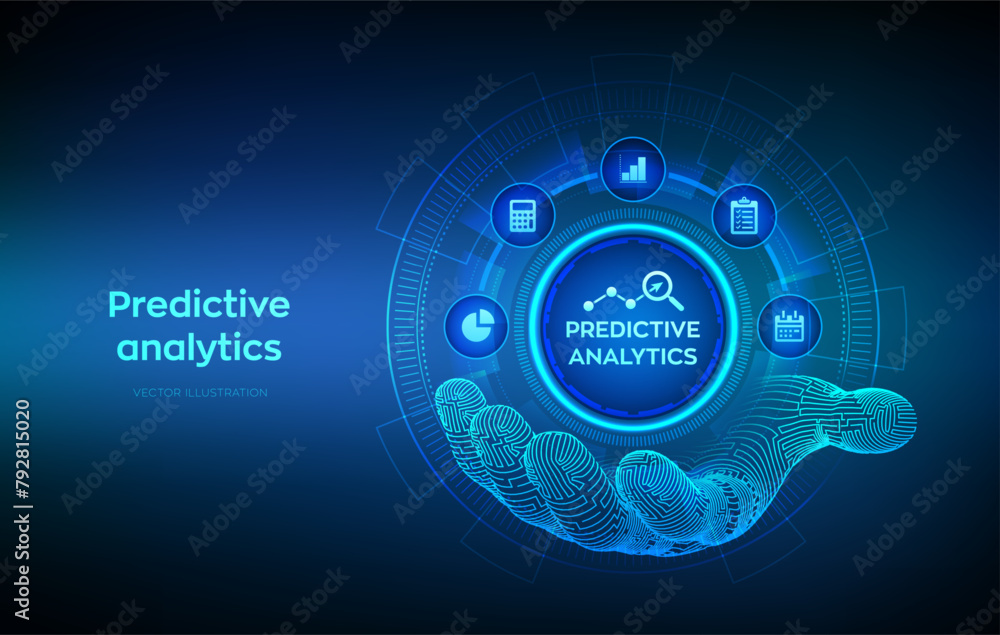 Aufkleber predictive analytics icon in wireframe hand. big data analysis. business intelligence technology con