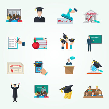 Higher education and graduation with cloaks and academic caps icons set