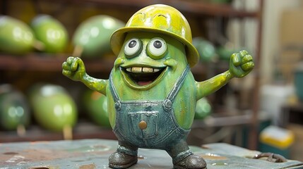 A statue of a green and yellow potato-head figurine, AI