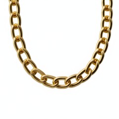 A close-up image of a gold chain necklace with a thick, chunky curb link design