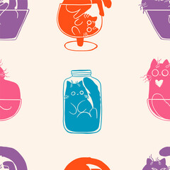 Set of silhouette cats in various glass forms and colors. Seamless pattern. Vector illustration. - 792815450