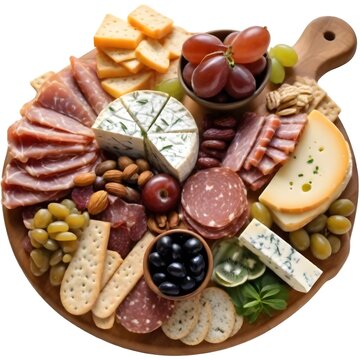 A large wooden board or platter filled with an assortment of meats, cheeses, fruits, nuts, and other appetizers. The main items include sliced sal